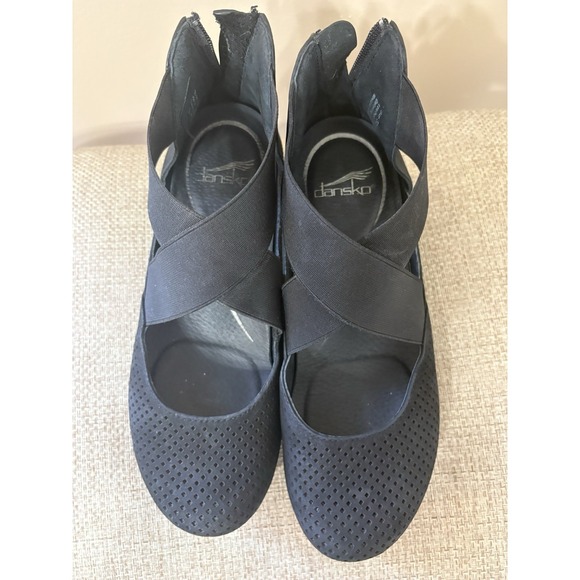 Dansko Laura Perforated Black Nubuck Cross-strap Wedge Heel Shoe